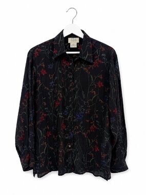 Field Manor Silk Floral Button Front Blouse Top Black Size Small Vintage